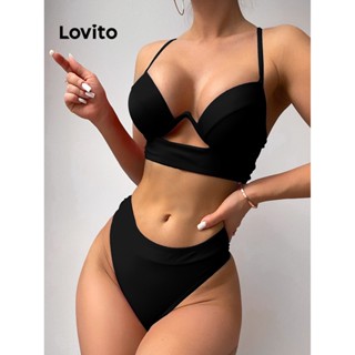 Lovito Conjuntos De Biquíni Sexy Com Recorte Simples Para Mulheres LNL37133 (Verde/Azul/Preto)