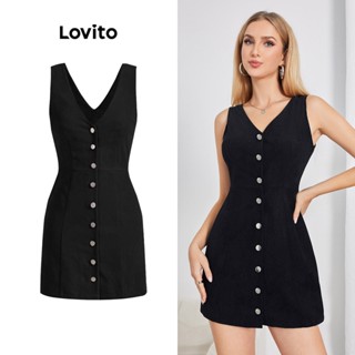 Lovito Vestido com Botões na Frente e Laço na Frente para Mulheres LBE04130 (Preto)