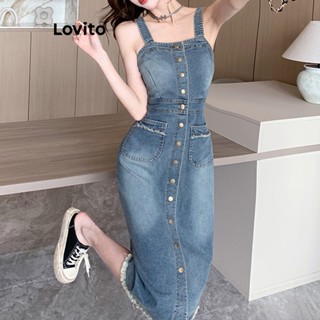 Lovito Casual Vestido Feminino Liso Jeans com Botão Frontal Bolso e Bainha Desfiada LNE24045 (Azul)