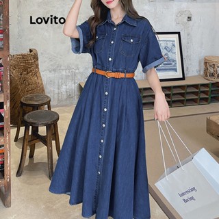 Lovito Vestido Casual de Jeans Linha-A com Mangas Curtas e Gola A-Line para Mulheres LNA06121 (Azul Escuro)