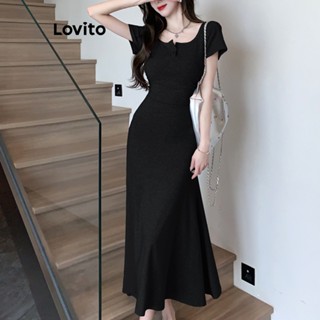 Lovito Casual Vestido Feminino Liso Básico com Botão LNE27172 (Preto)