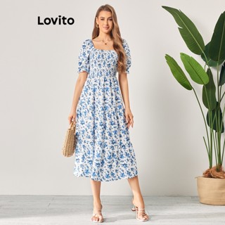 Lovito Vestido Boho Floral com Babados em Camadas e Mangas Bufantes para Mulheres LBL06135 (Azul)