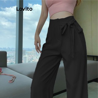 Lovito Calças com Amarração e Babados em Tecido Texturizado para Mulheres L73AD039