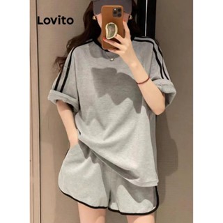Lovito Conjuntos De Shorts Casuais Com Patchwork Contrastante Para Mulheres LNE37418 (Cinza)