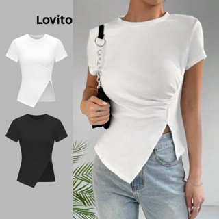 Lovito Elegante Lisa Camiseta Feminina Plissada com Fenda L65ED029 (Branca)