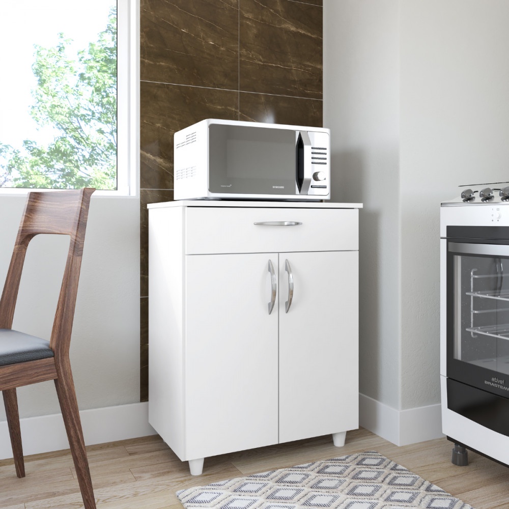 Balcão de Cozinha para Microondas Multiuso Duna 2 Portas 1 Gaveta Branco Brilho Fiorello - Home & Living