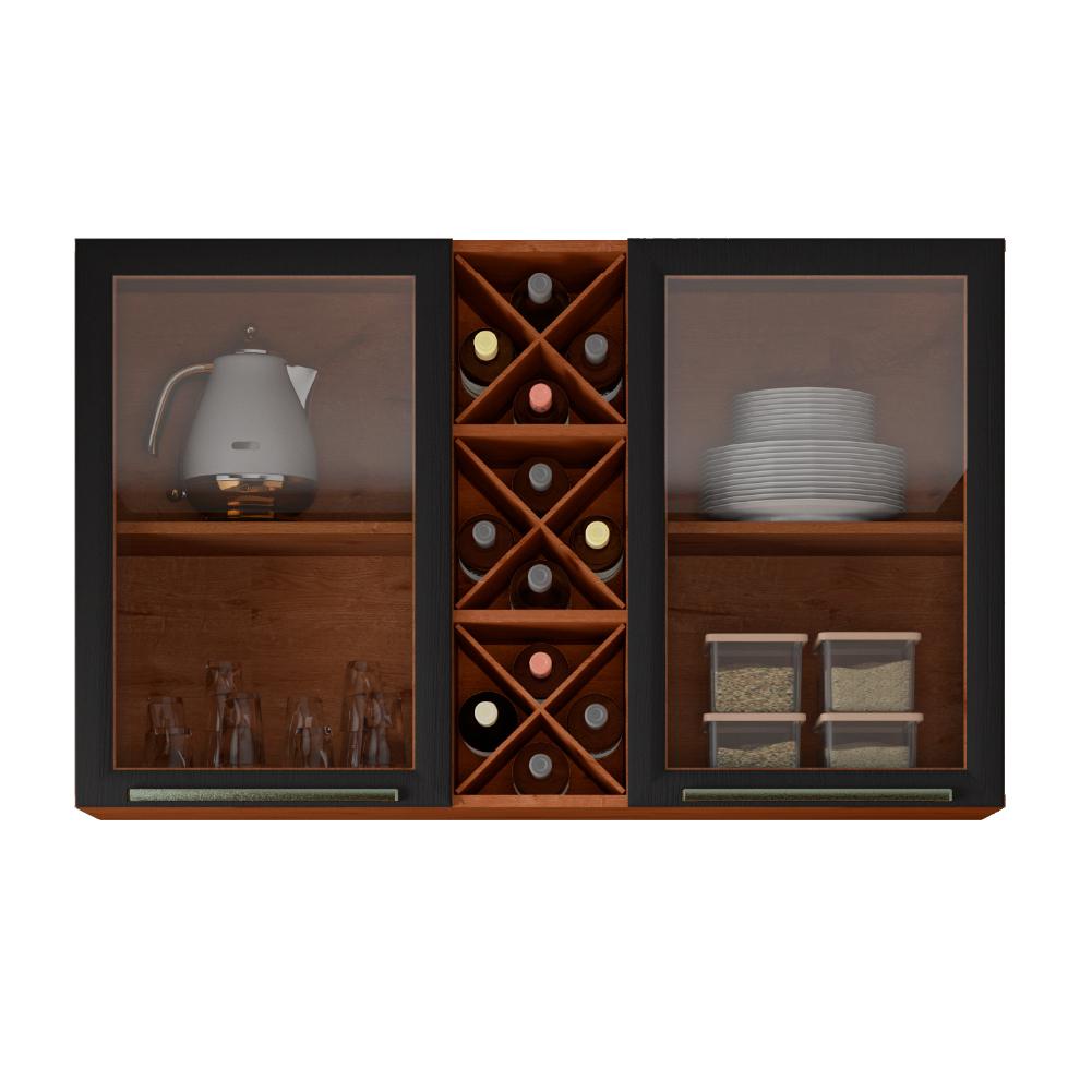 Armário De Cozinha Aéreo Triplo 1,20m Com vidro Reflecta e Adega Favorita Preto / Nature em Oferta na Shopee