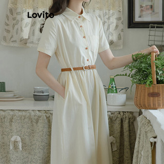 Lovito Vestido Casual Feminino Com Botão Liso Plissado E Bolsos LNE42385
