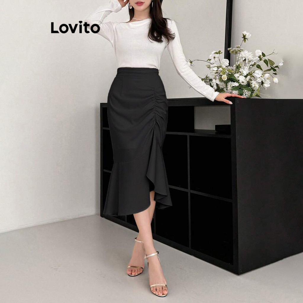 Detalhes do (Trendy) Lovito Saias Casuais Saia Lisa Franzida Para Mulheres L104ED502