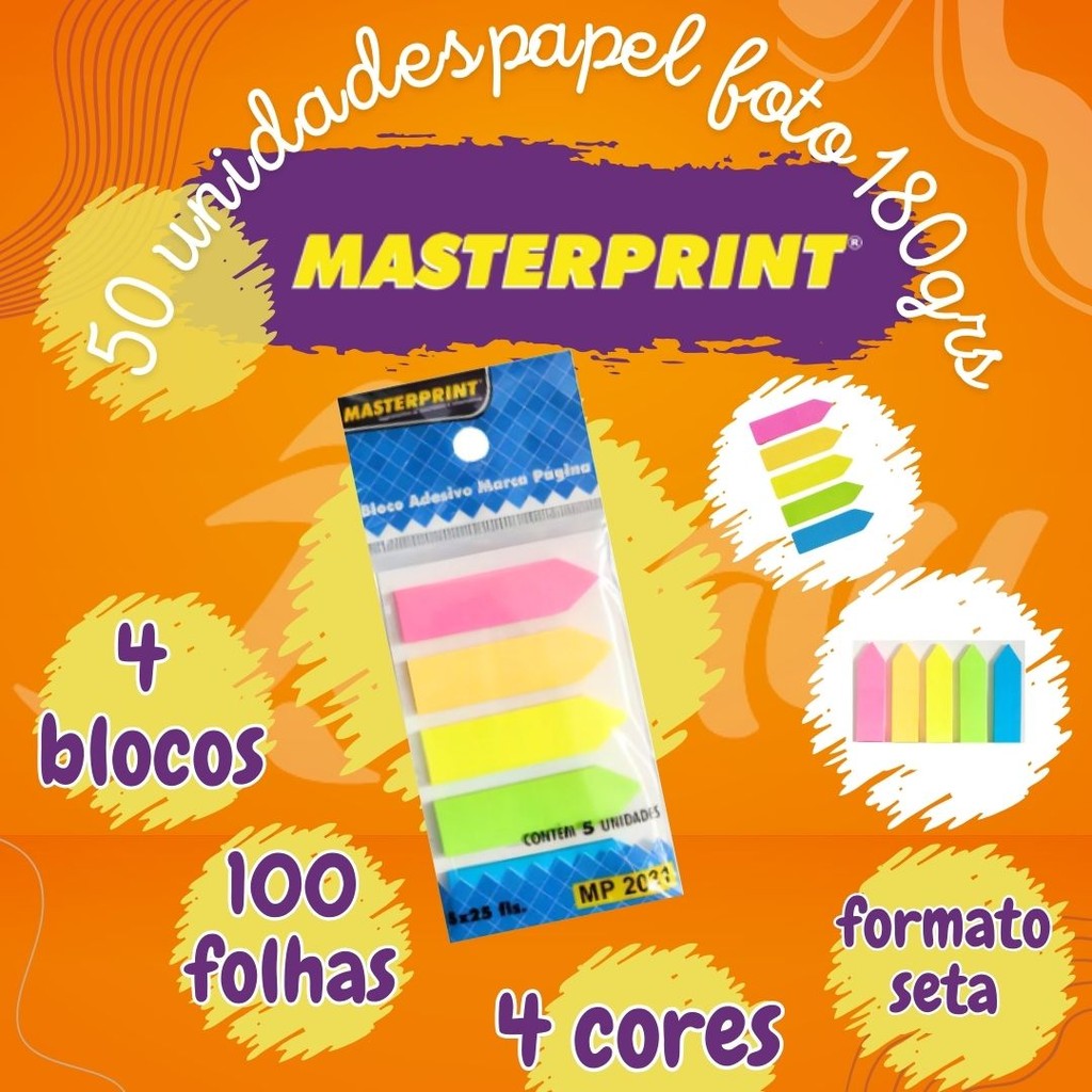 Bloco de Notas Papel Auto Adesivo Marca Página Anotações Seta Neon Colorido - Masterprint