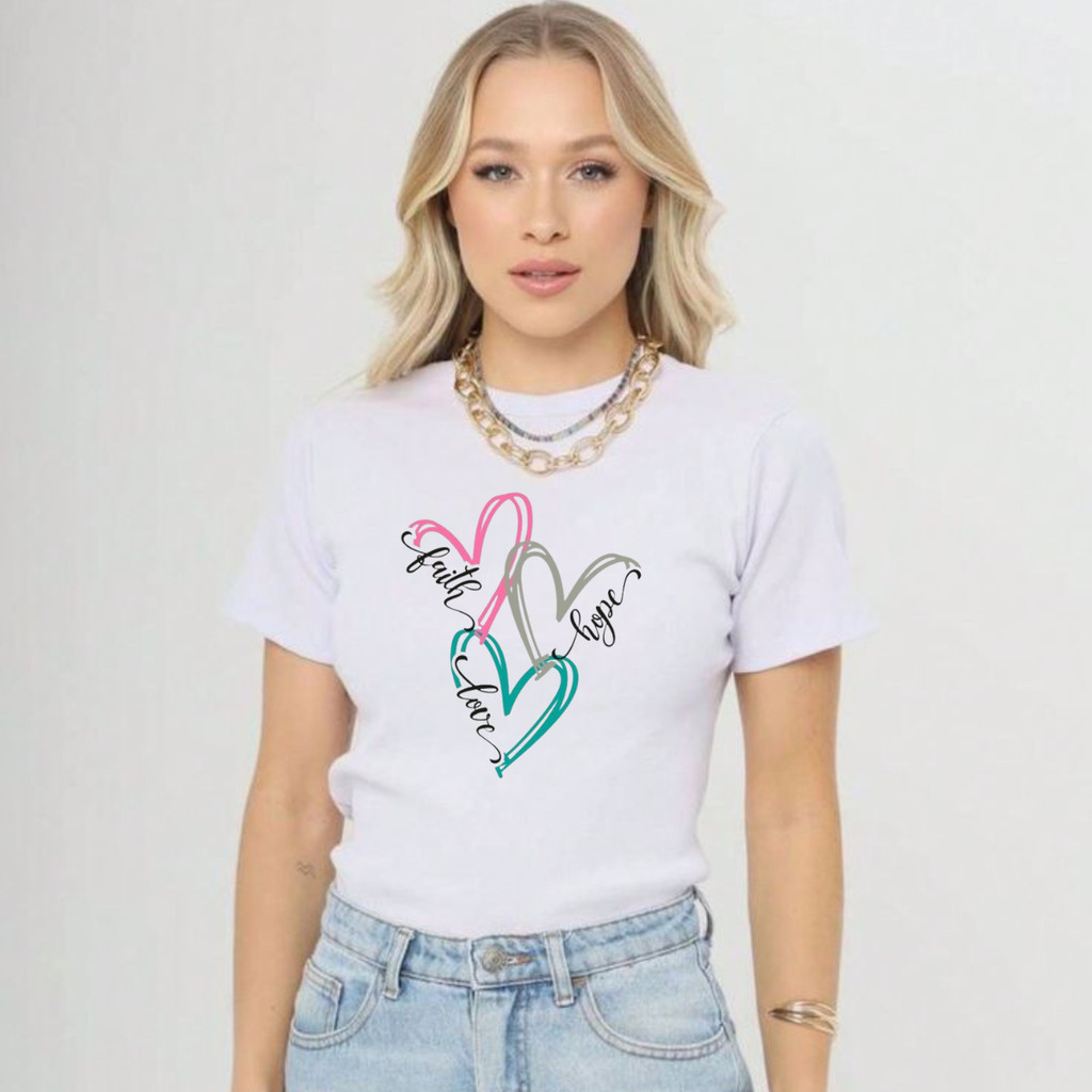 Camisa Camiseta Feminino Estampada 3 Coração Colorido Casual