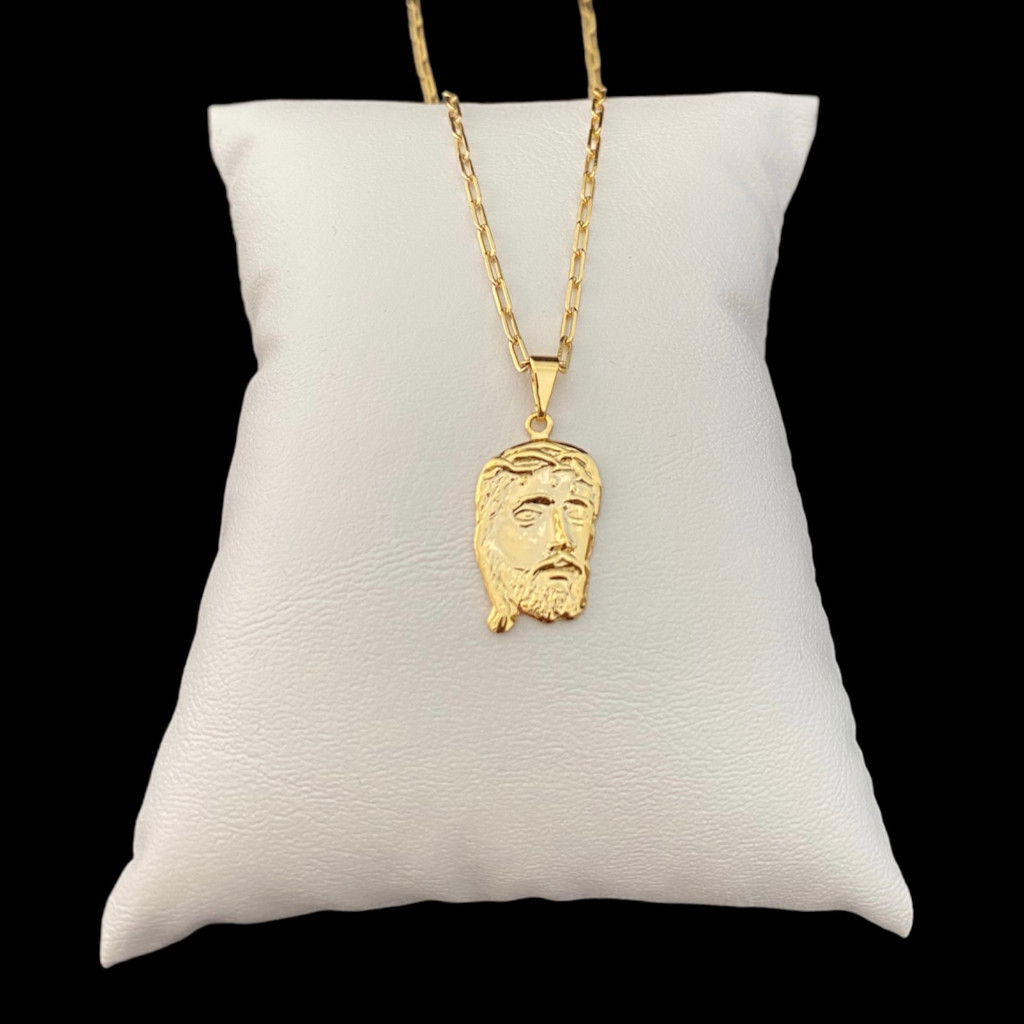 Corrente Masculina com Pigente Face de Cristo Banhados a ouro 18k Cordão com Rosto de Jesus