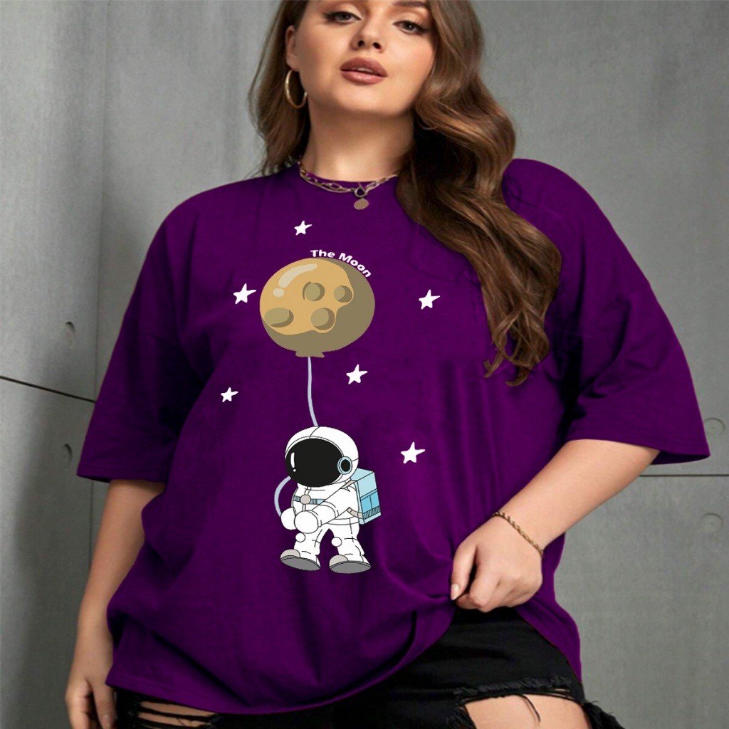 Camiseta Streetwear  Mulher Aesthetic Blusa Feminina Swag Larga Estampada Desenho Balão Lua Astronauta 100% algodão