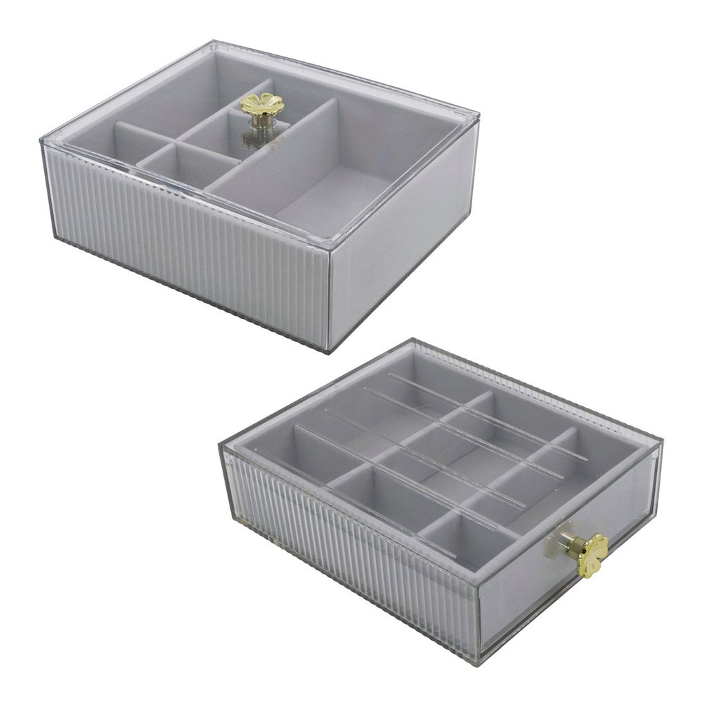 Kit 2 Porta Joias Organizador Portátil Multiúso Divisória Gaveta Tampa P/ Acessórios Veludo Bijuteria Empilhável