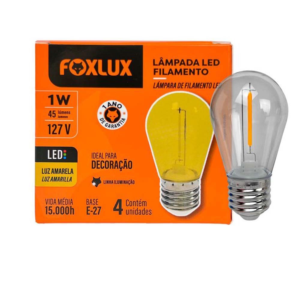Lâmpada LED Filamento Foxlux 4 Un Amarelo 1W E-27 127V | iluminação decorativa, estilo vintage