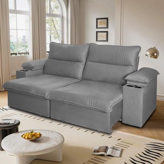 Sofá Retrátil Tesla 2,60m USB e Porta Copo Suede Cinza em Oferta na Shopee