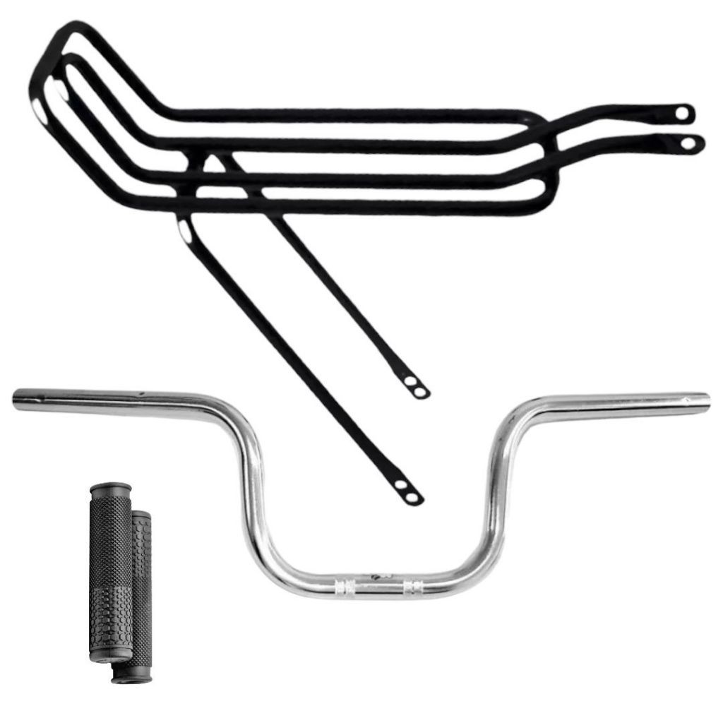 Guidão Cg Titan Cromado de Bicicleta + Bagageiro Garupa Rabetão garupeira para bike aro 20 24 26 kit mobilete