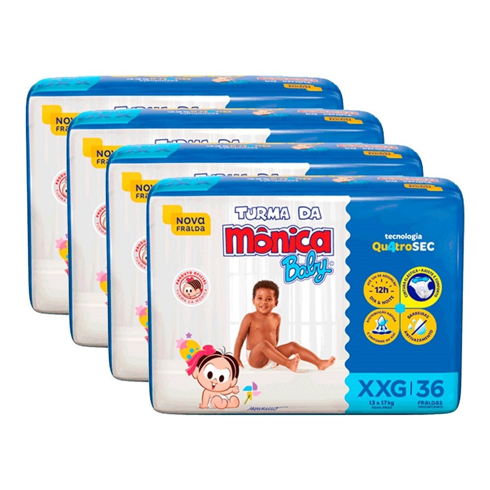 Fralda Descartável Turma da Mônica Tamanho XXG - 4 Pacotes com 36 Fraldas - Total 144 Tiras em Oferta na Shopee