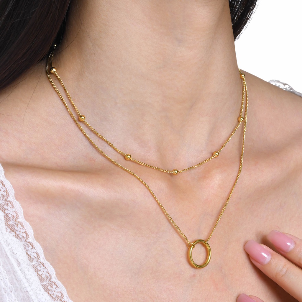 Vnox Colar De Corrente De Contas Dupla Camada De Ouro 18K Para Menina Feminina, Elo Aço Inoxidável · foto 2