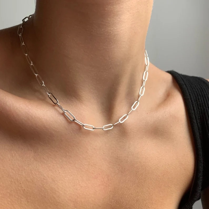 Choker colar de clipe de papel folheado banhada a prata 925