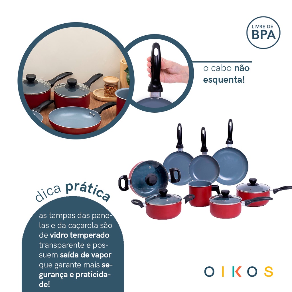 Detalhes do jogo de panelas antiaderentes alumínio e cerâmica 8 pçs vermelha - oikos