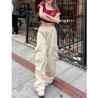 Lovito Calça Cargo com Bolsos e Cordão em Estilo Americano Y2K para Mulheres em Tecido Liso com Estampa de Amoras LNA19052 (Damasco)