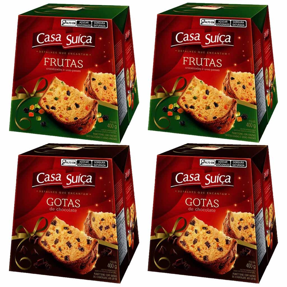 Kit com 4 Panetone Natal Gotas de Chocolate ou Frutas 400g Escolha o seu preferido! - Casa Suíça
