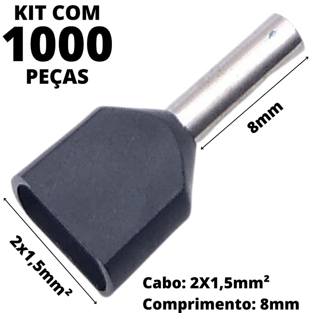 1000un Terminal Tubular Ilhós Pré-isolado Duplo Para Cabo de 1,5mm² Metal 8mm Preto TE1508