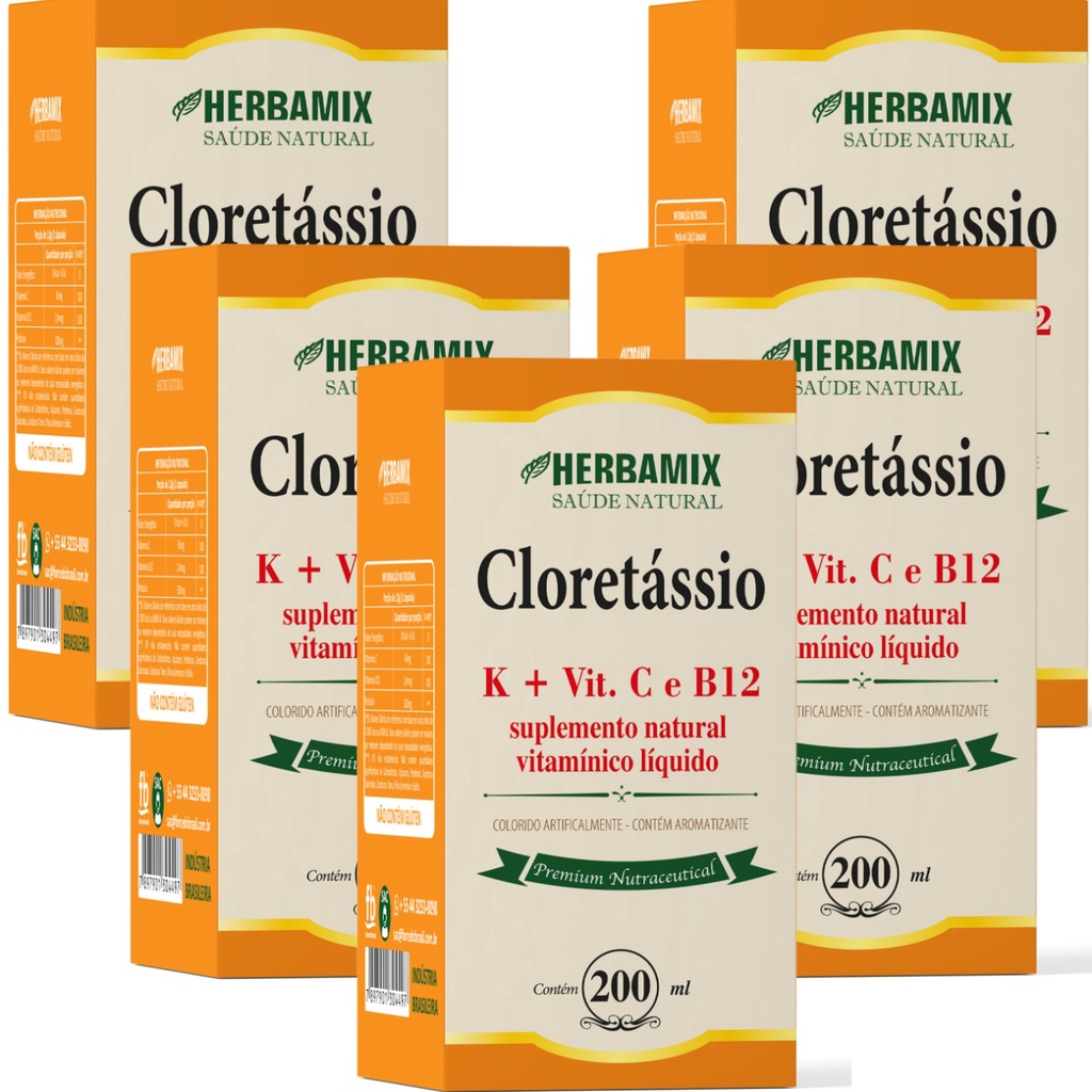 5x Cloreto Com Vitamina B12 e C - Potássio Câimbras 200ML