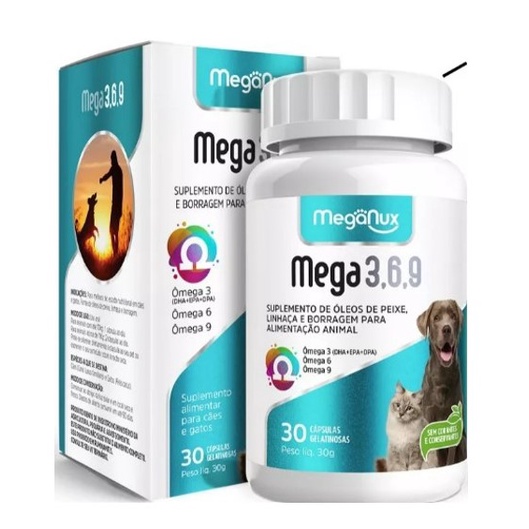 Suplemento Mega 3, 6, 9 ômegas - Meganux 30 comprimidos Cães e Gatos