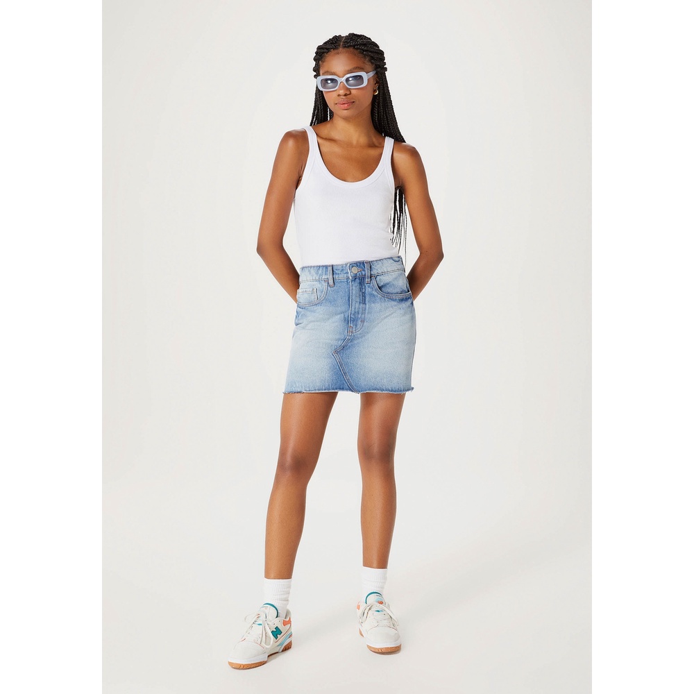 Saia Jeans Cintura Alta Barra A Fio Hering em Oferta na Shopee