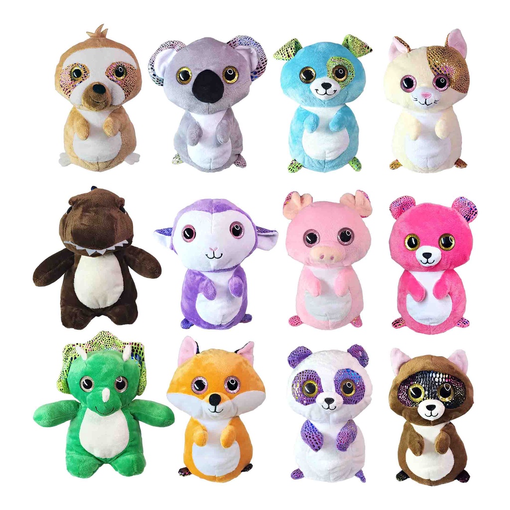 Bicho De Pelúcia Safari Olho Brilho Decoração Quarto Bebe Cestas 20Cms Cachorro Gato Porco Urso