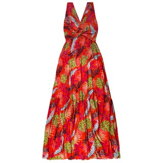 Vestido feminino decotado longo liganete macio amarração nas costas