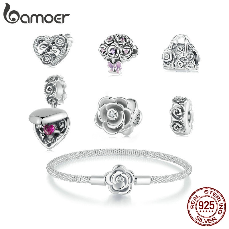 Bamoer 925 Prata Esterlina Encantos Pingentes Romântico Rosa Design Coleção Acessórios Para Pulseira DIY em Oferta na Shopee