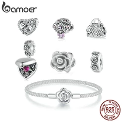 Bamoer 925 Prata Esterlina Encantos Pingentes Romântico Rosa Design Coleção Acessórios Para Pulseira DIY