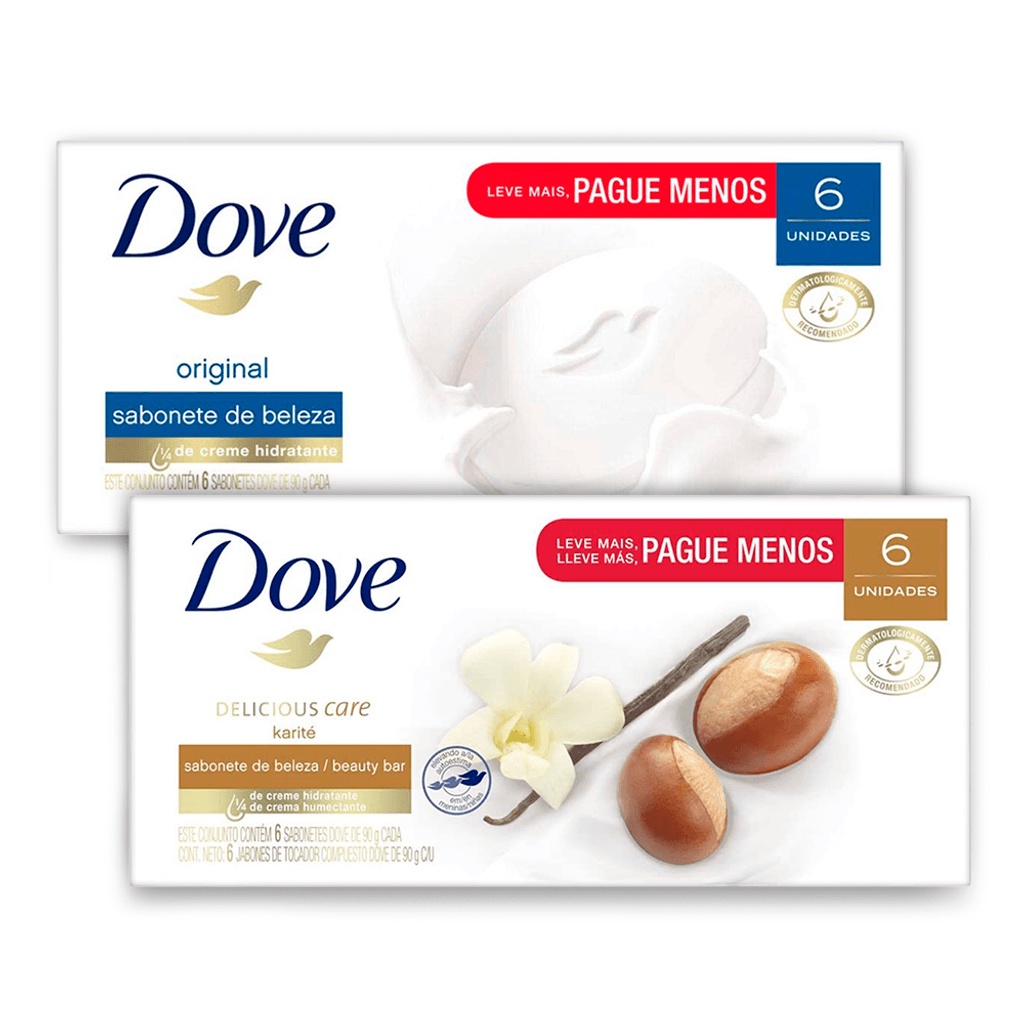 Kit Sabonete em Barra Dove Branco 6 unidades 90g + Sabonete em Barra Dove Karite e Baunilha 6 unidades 90g