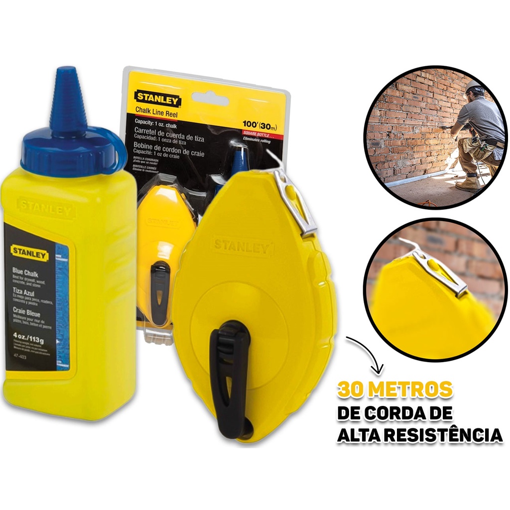 Kit Giz de Linha Para Marcação 30 Metros Pedreiro Gesseiro Construção Drywall Powerwinder Stanley