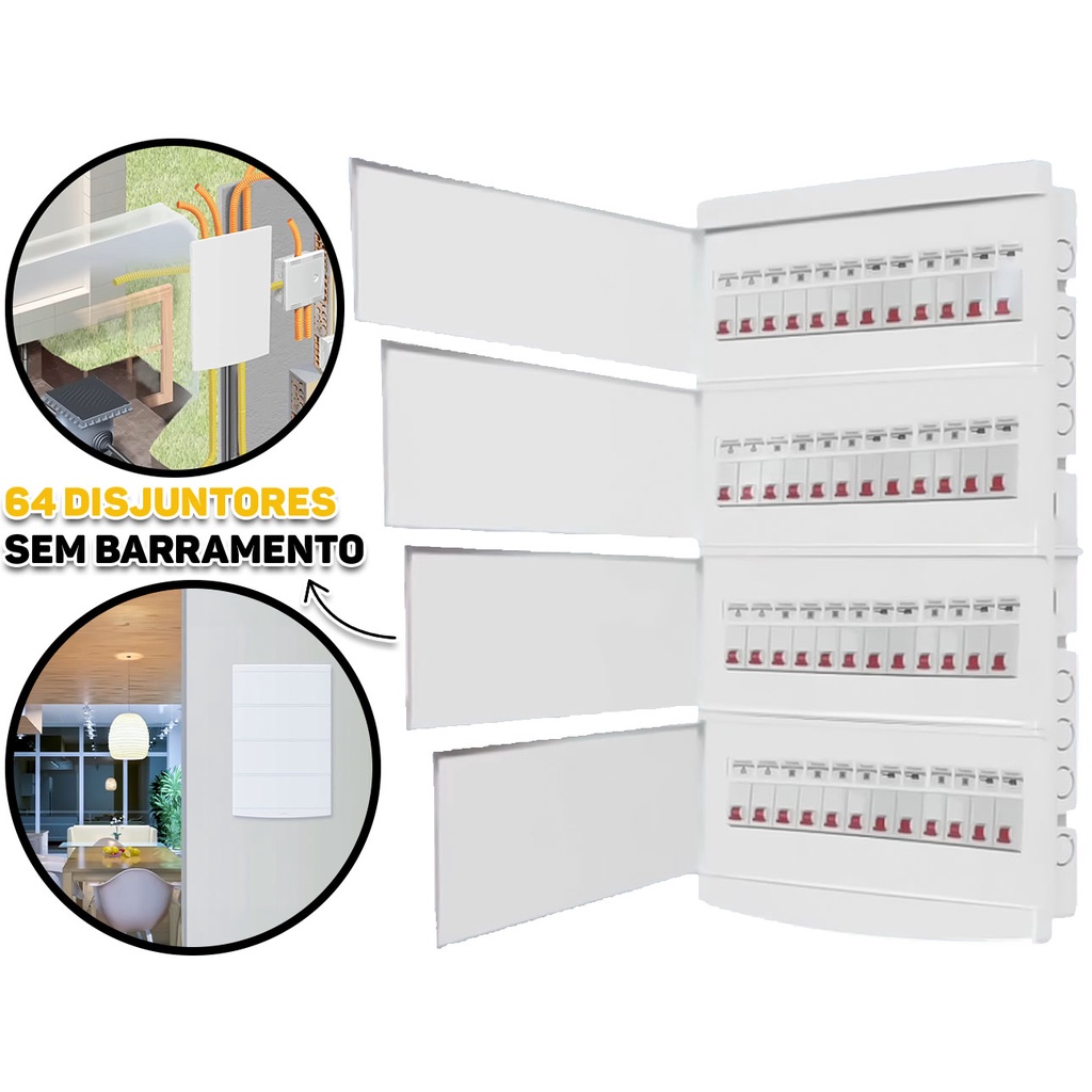 Quadro De Distribuição Slim Branco Caixa Embutir Residencial Comercial 64 Disjuntores