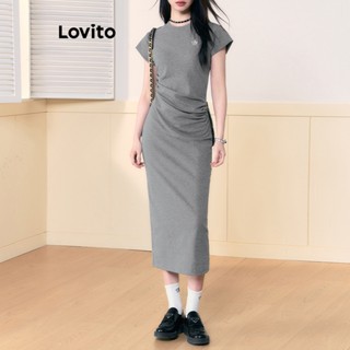 Lovito Casual Vestido Feminino Plissado com Texto L67AD089 (Verde Escuro)