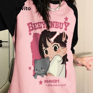 Lovito Camiseta com Estampa de Desenho Animado e Gola Redonda para Mulheres LNE17154 (Rosa)