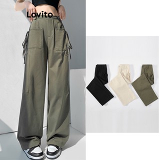 Calças com Amarração Lisa Lovito Casual para Mulheres LNA17105 (Verde Militar/Preto)