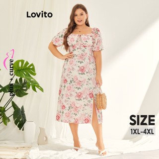 Lovito Vestido Floral com Ruchados Casual Plus Size Curve para Mulheres LPS11064 (Rosa)