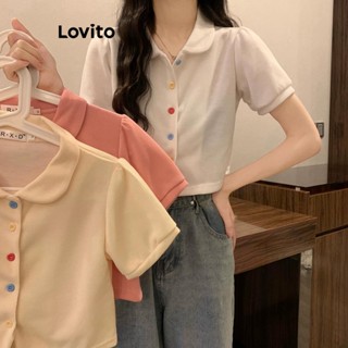 Lovito Camiseta Feminina Casual Com Botões Lisos Na Frente LNA39039 (Branco/Rosa)