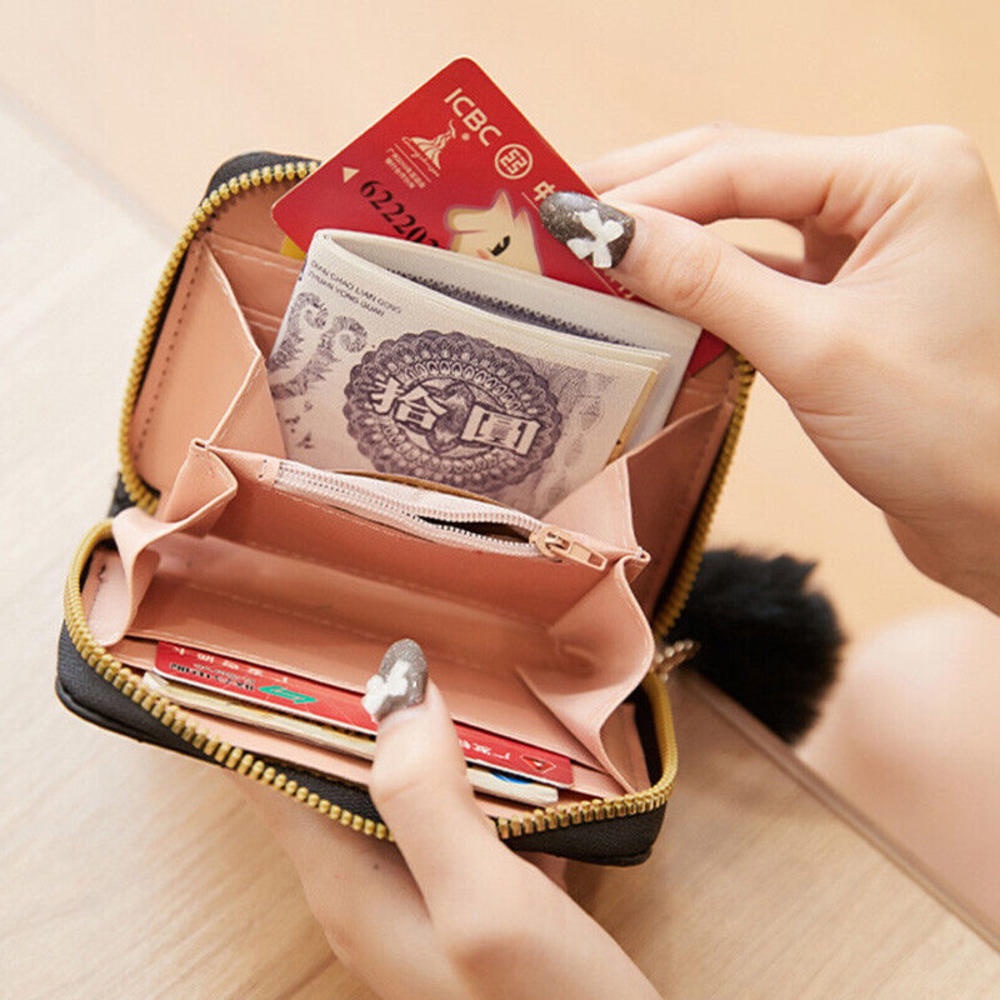 Carteira De Couro Mulher Pequena Porta-Cartões De Crédito Bifold Purse Com Bolso De Moeda Bola Pompom — imagem 2 de 2