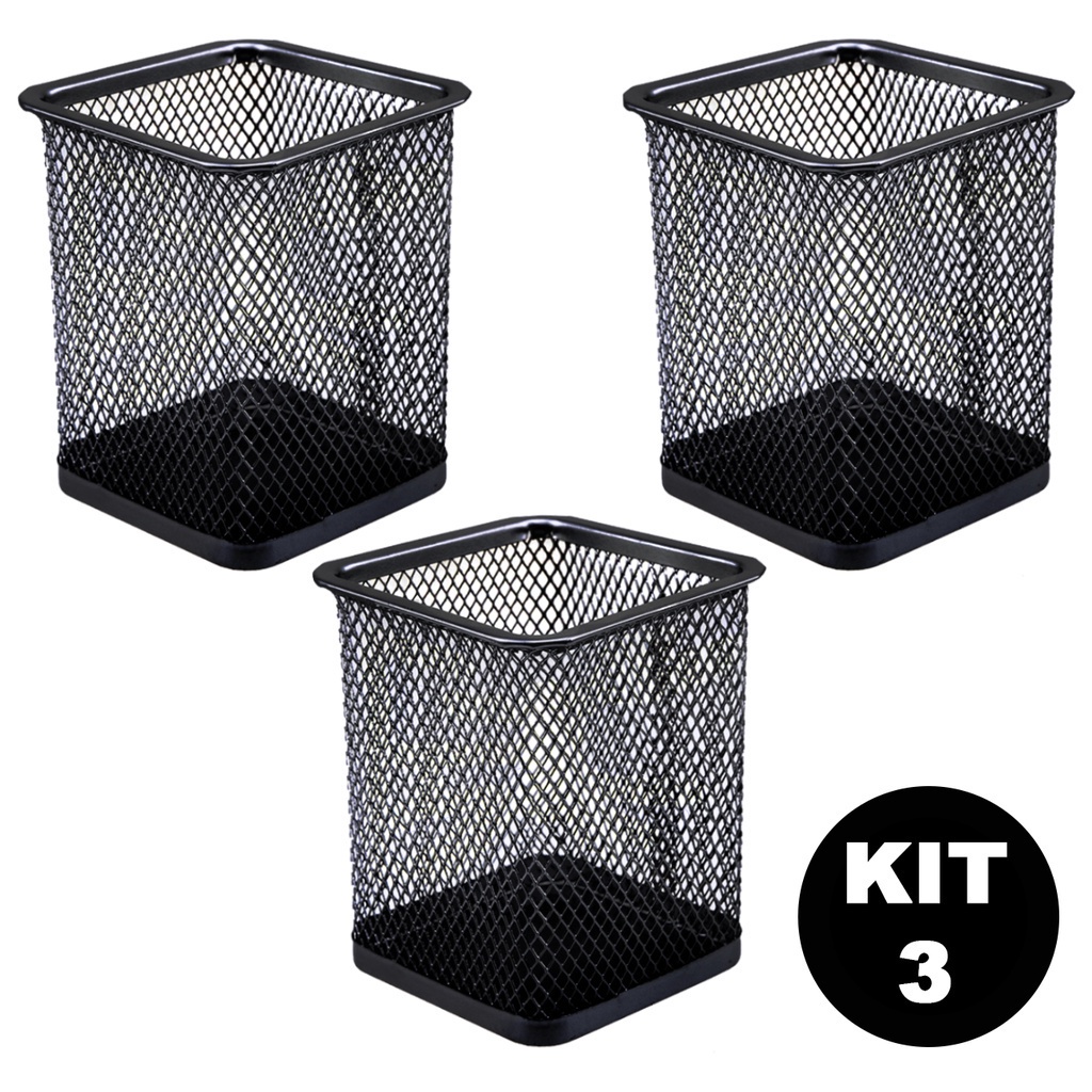 Kit 3 Porta Caneta e Lápis Escritório Aramado Organizador Quadrado  Ou Redondo Preto Office Grande
