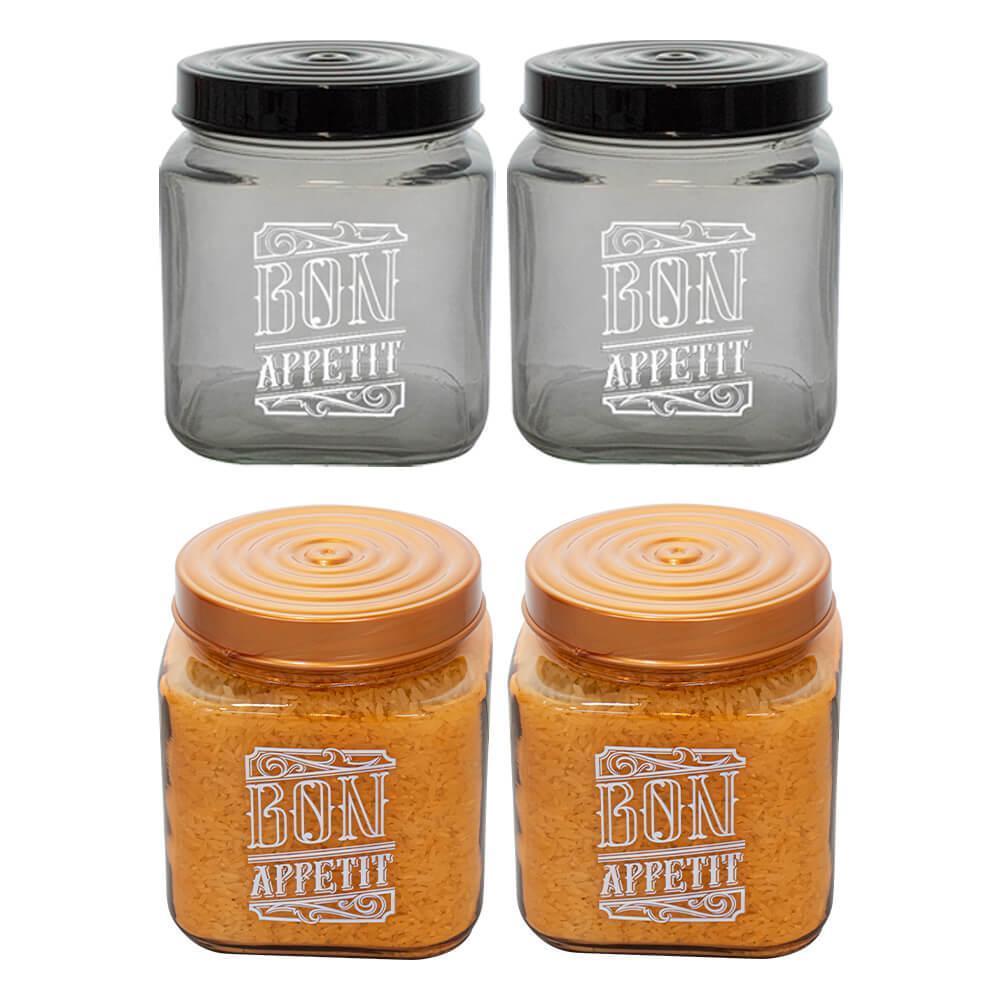 Conjunto de Potes de Vidro com Tampa Bon Appetit Preto e Bronze 1L 4 peças - Casambiente