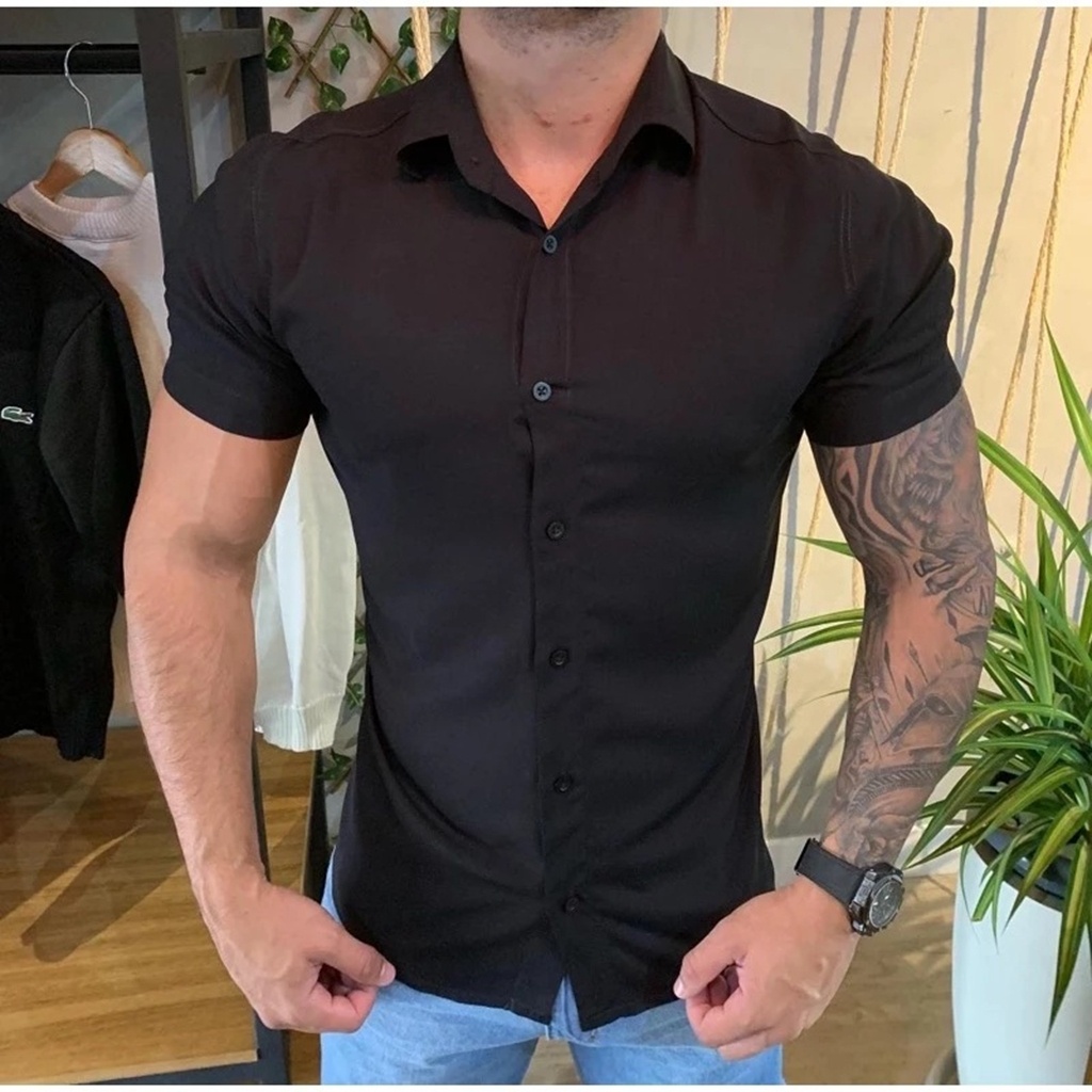 Camisa lisa Masculina Manga curta Social Slim Havaiana Barata ,Tecido e Viscose