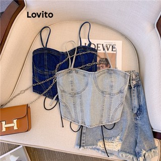 Lovito Top Jeans Casual Liso Com Amarração Nas Costas Para Mulheres LNE36114 (Azul Claro/Azul Escuro)