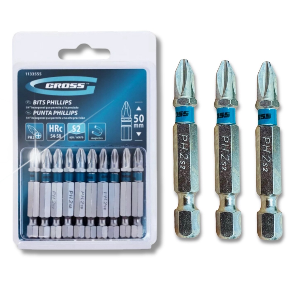 Jogo Bits Parafusadeira Magnético Philips Ph2 Gross 10 Pcs 50mm Aço S2 Ponteira Com Imã Encaixe 1/4