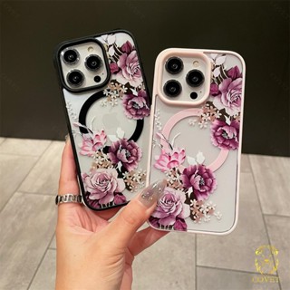 COVET Luxo Brilhante Flores Púrpura Transparente Acrílico Magnético Sem Fio Compatível Com IPhone 15 14 13 12 11 Pro Max ProMax Estojo De Pára-Choques Rígido À Prova De Choque